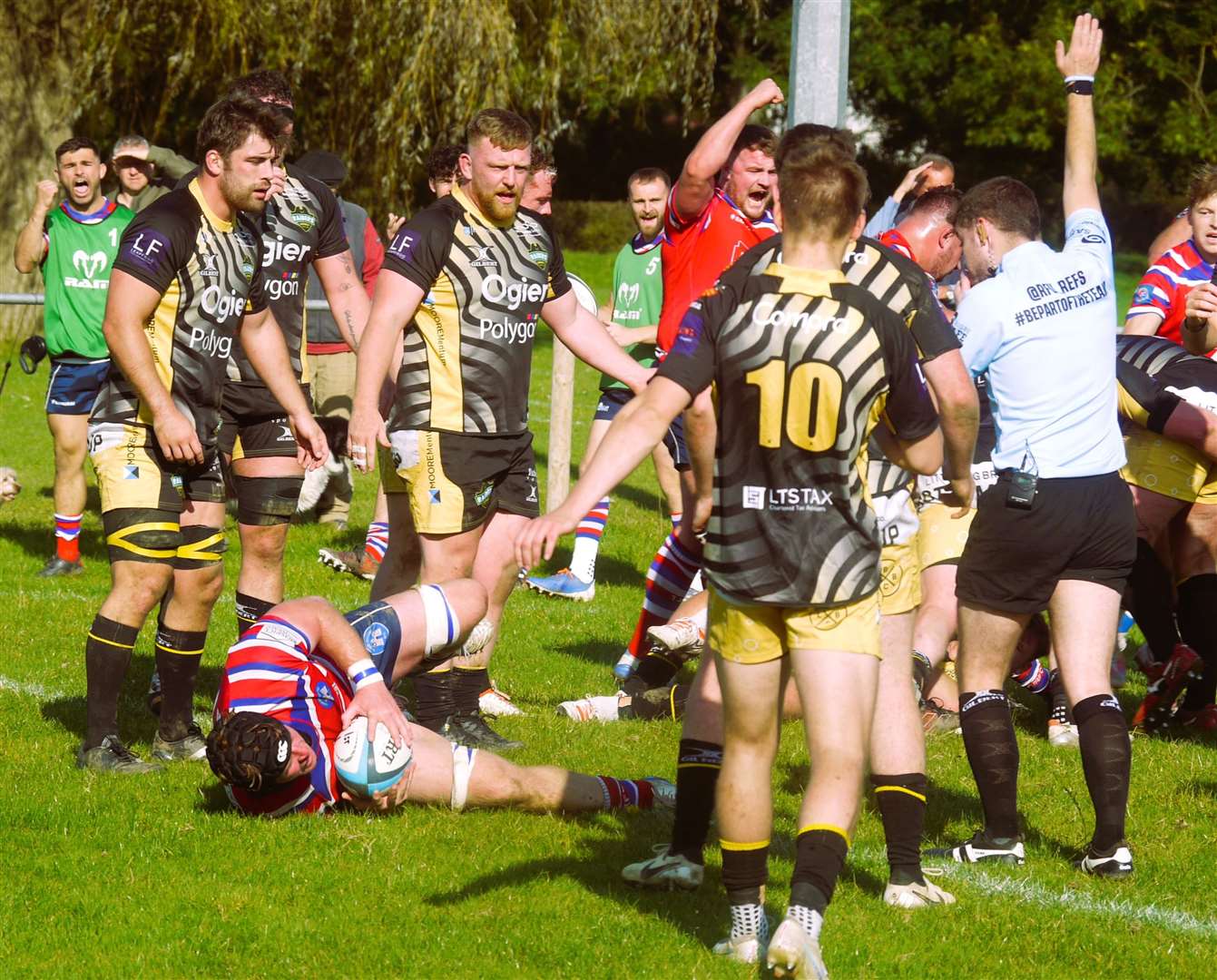 Tonbridge Juddians' Truman Sullivan goes over in the win against Guernsey. Picture: Adam Hookway