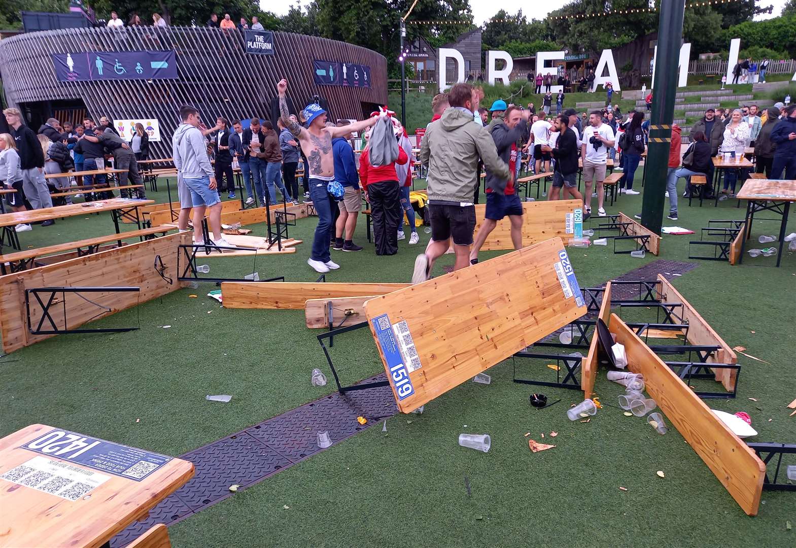 Fans overturned tables at Dreamland after England went 2-0 up during Tuesday's game