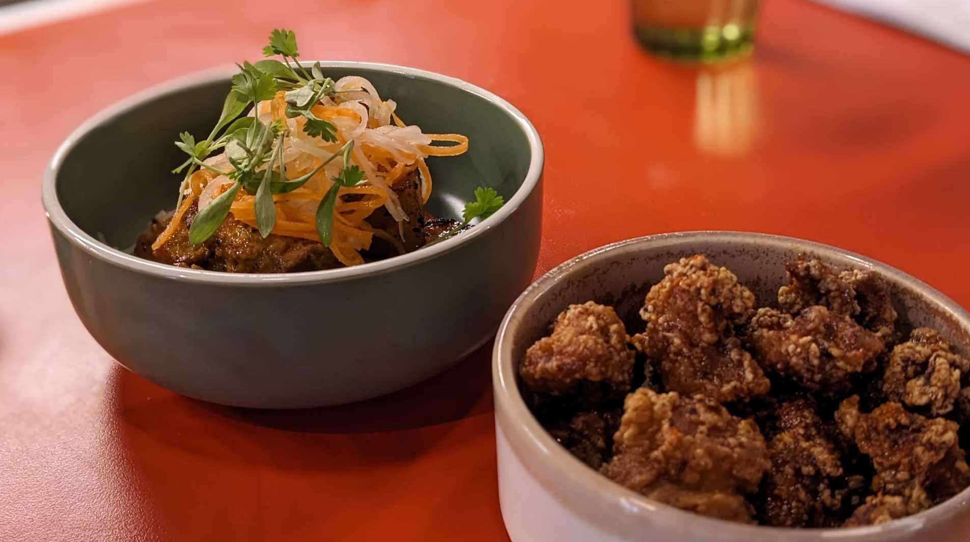 The ginger and lemongrass pork belly, left, and chicken karaage at Pomus in Margate