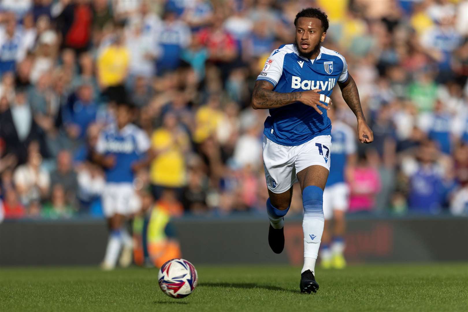 Jayden Clarke on the attack for Gillingham against Tranmere Picture: @Julian_KPI