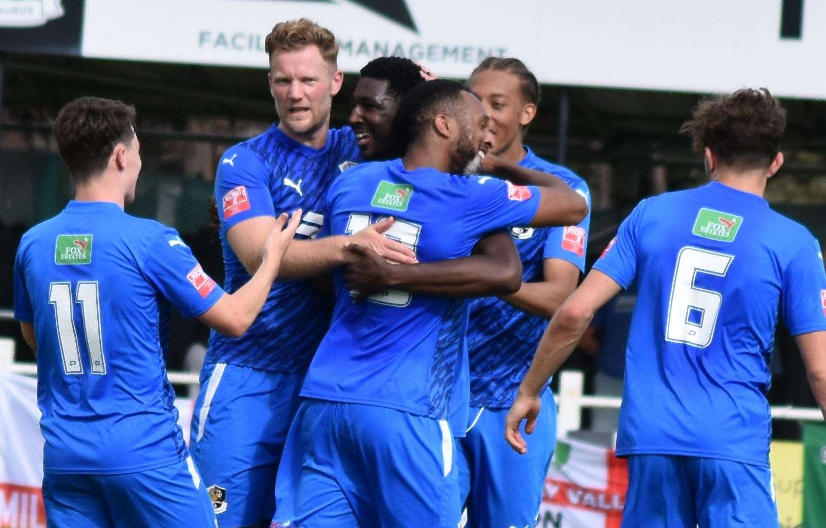 Dartford celebrate Denzelle Olopade's winner at Cray Valley on Saturday. Picture: Alan Coomes