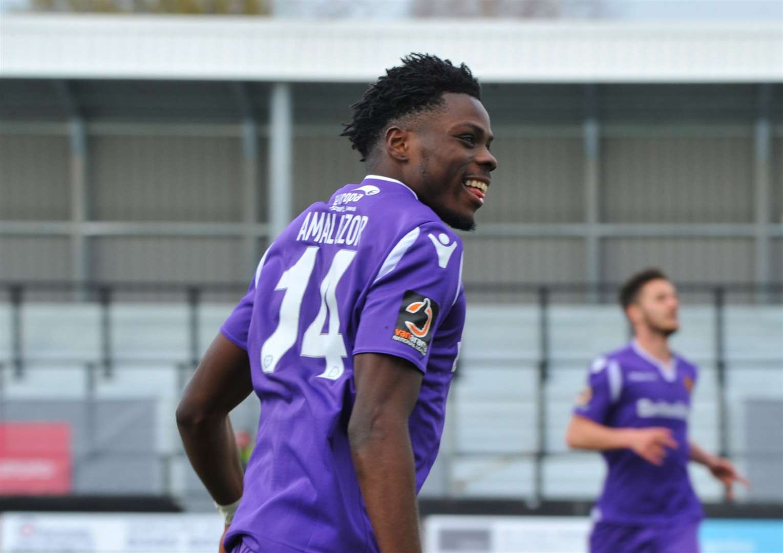 Delight for Justin Amaluzor after putting Maidstone 2-1 up at Harrogate Picture: Steve Terrell