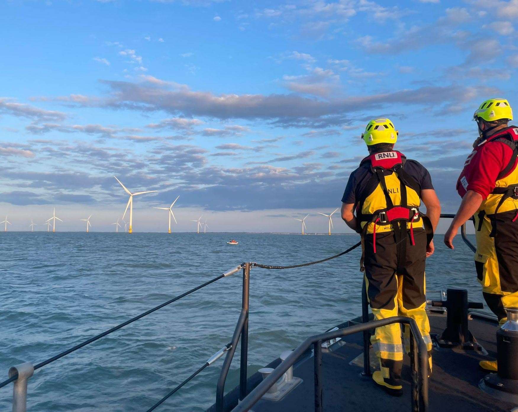 The RNLI Sheerness crew were called out to rescue two men and their inflatable dinghy from the Kentish Flats wind farm complex. Picture: RNLI