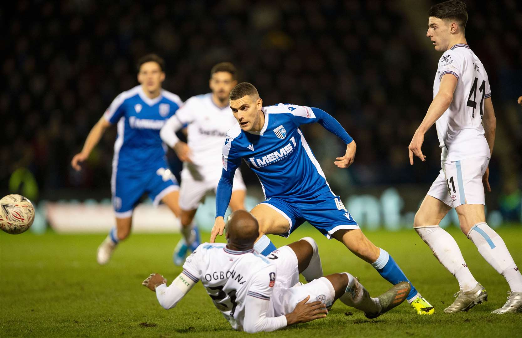 Stuart O’Keefe comes away wiht the ball after a challenge with West Ham's Angelo Ogbonna Picture: Ady Kerry