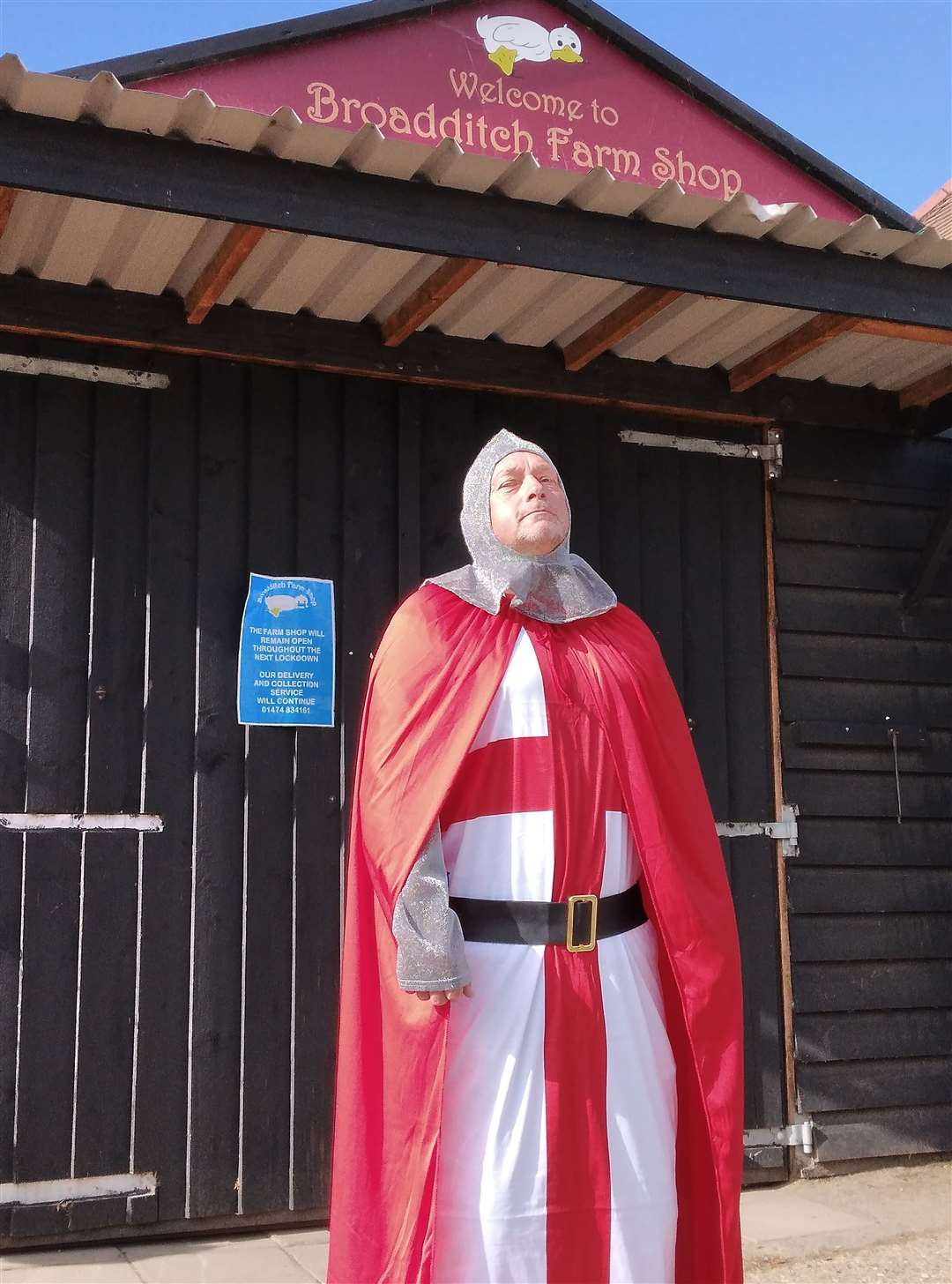 Lewis Spencer donned his St George costume to celebrate England's victory over Denmark to reach the Euro 2020 final while delivering on his rounds for Broadditch Farm Shop