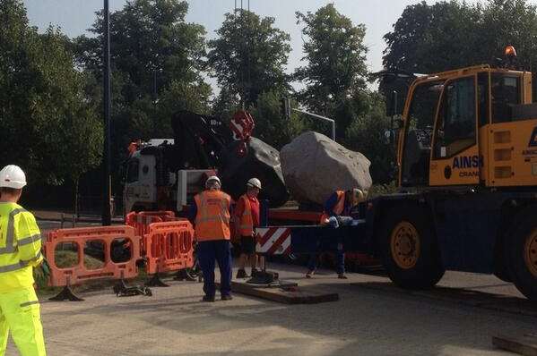 The boulders on the truck ready for winching into place today