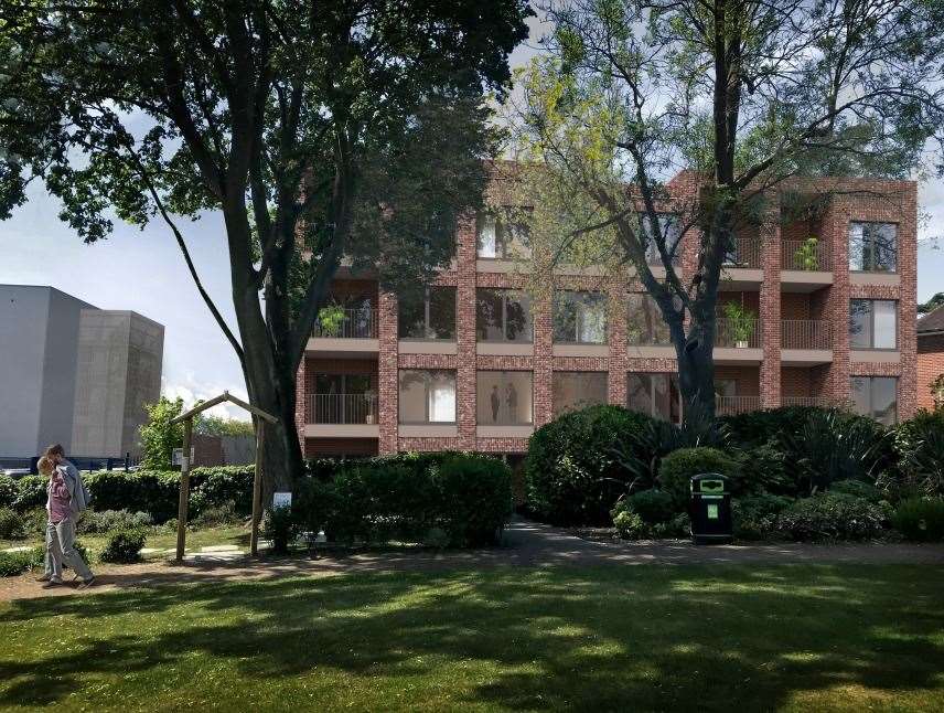 A computer-generated view of the Swanton House development from the Memorial Gardens