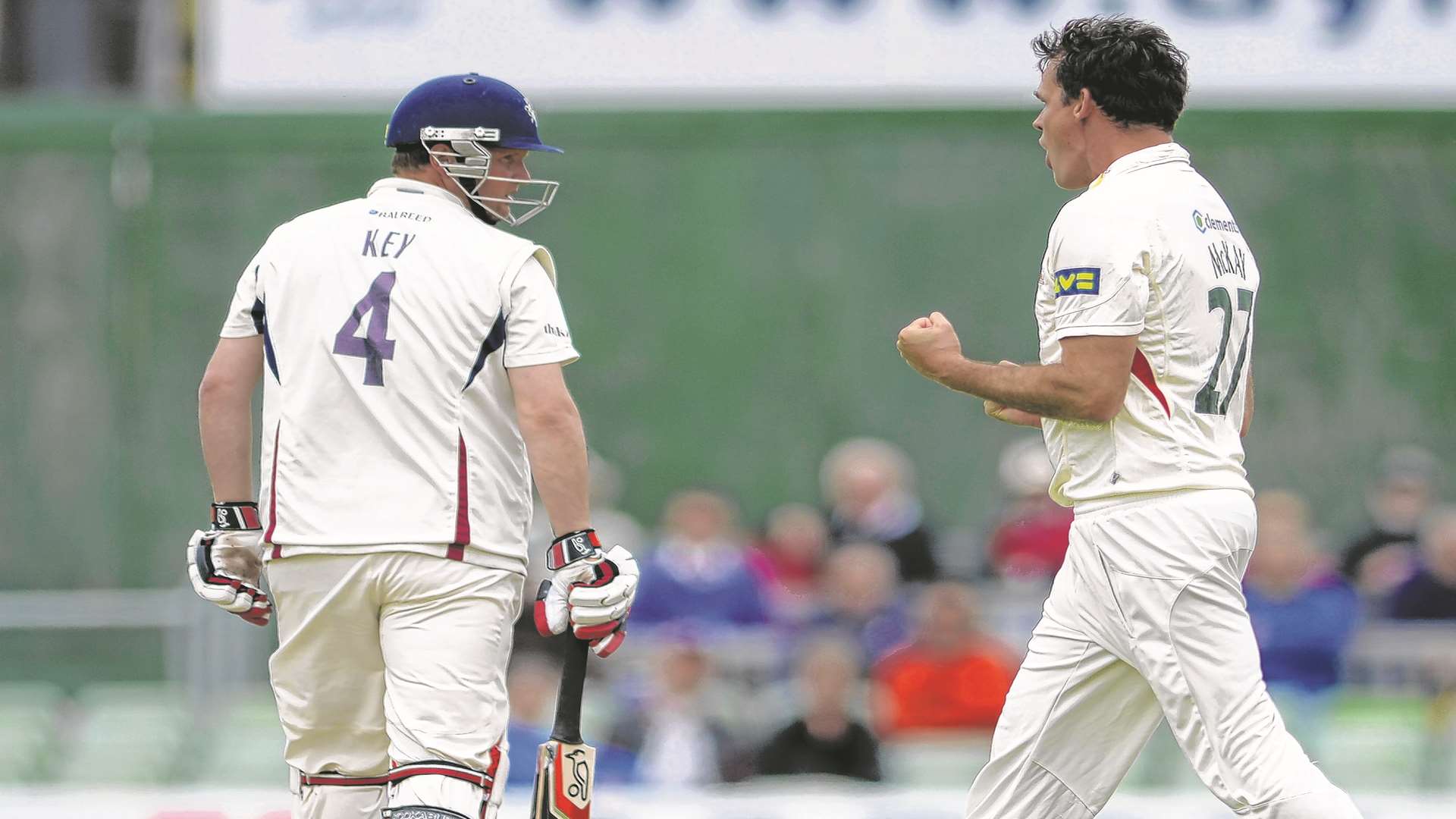 Leicestershire's Clint McKay celebrates after trapping Rob Key leg before for eight in the first innings. Picture: Barry Goodwin