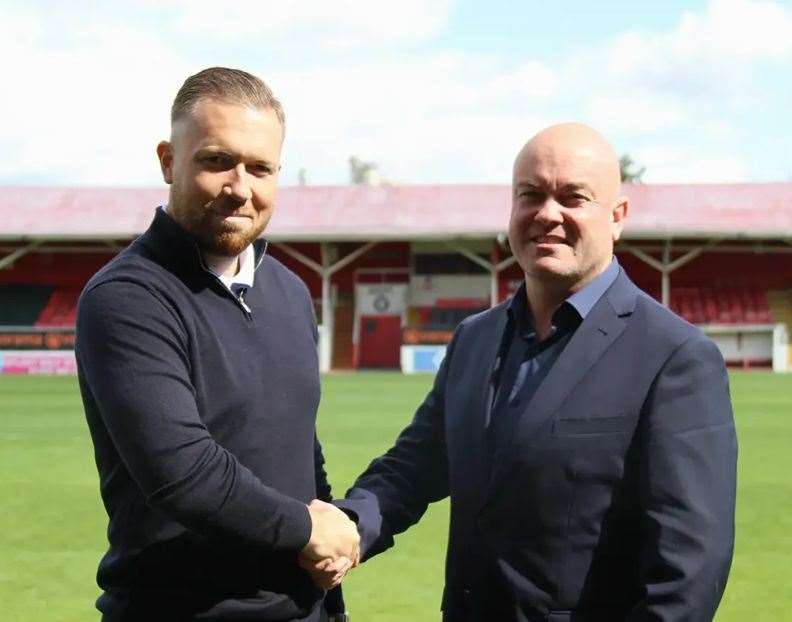 New Ebbsfleet manager Harry Watling with chief executive Damian Irvine. Picture: EUFC