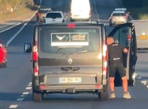 The Renault transit van's passenger dangerously dangling over the M20 at Ashford