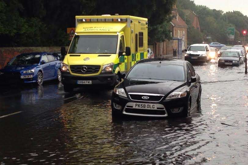 Flooding in New Romney High Street yesterday