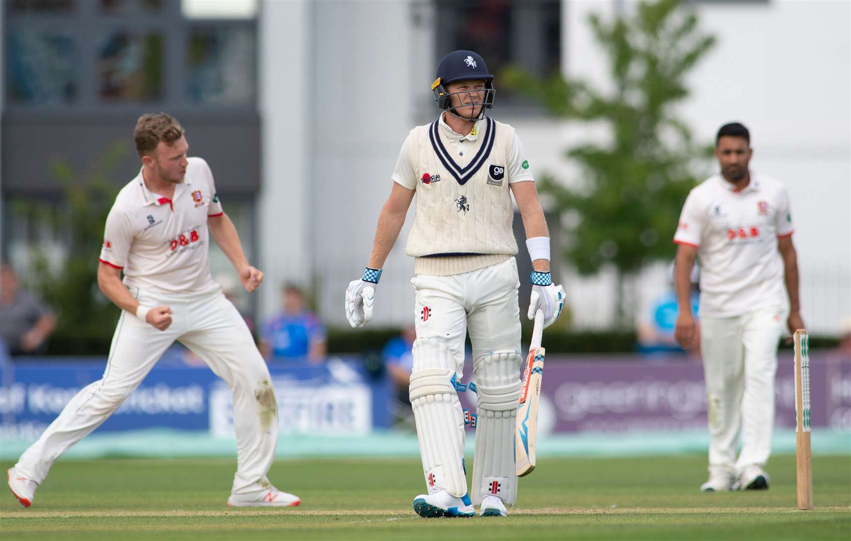 Kent skipper Sam Billings is out lbw to Essex's Sam Cook in his first Championship game of the season since his shoulder injury