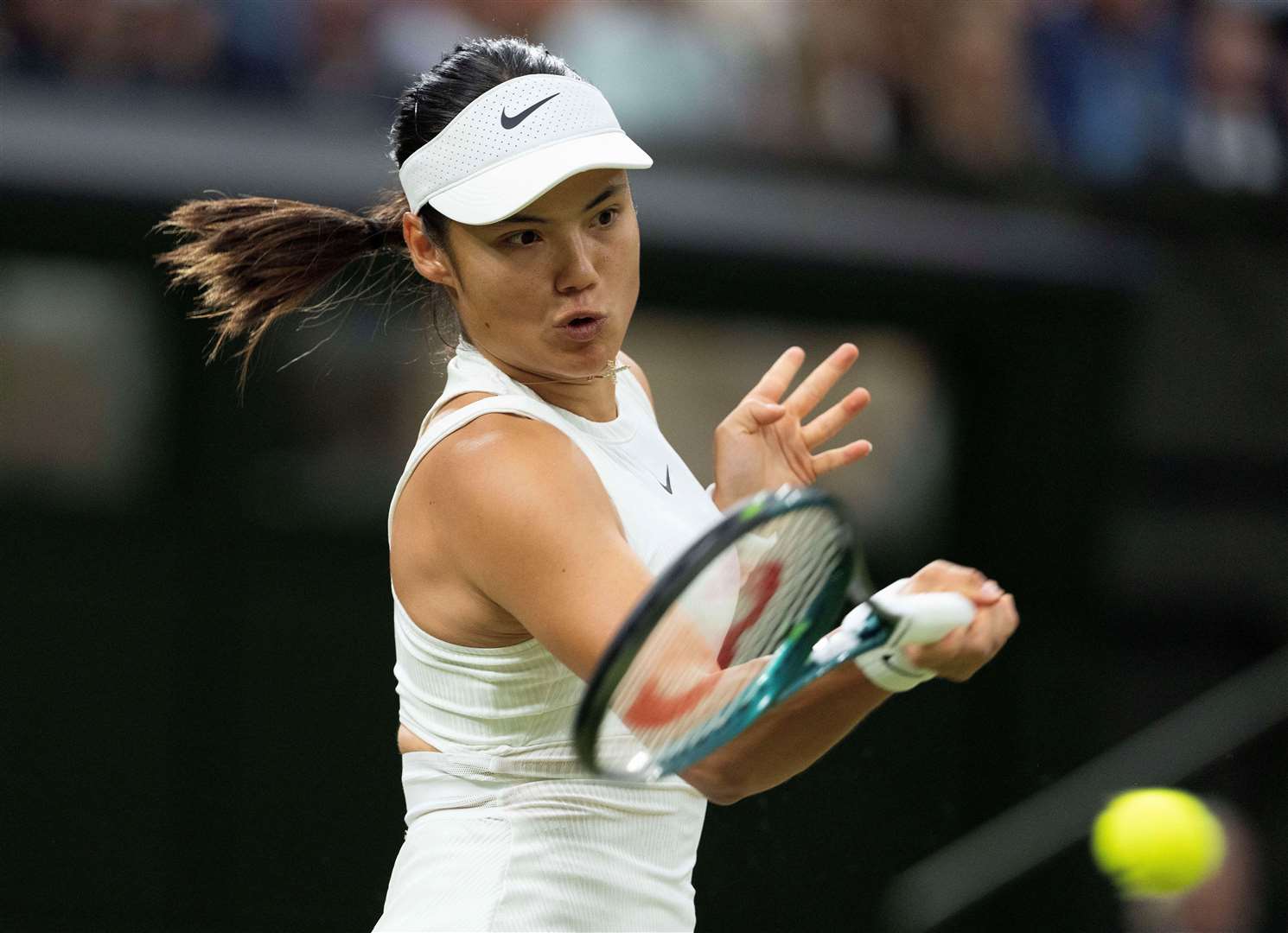 Emma Raducanu on her way to a straight sets win over Maria Sakkari of Greece in the third round at Wimbledon. Picture: Reuters via Beat Media subscription