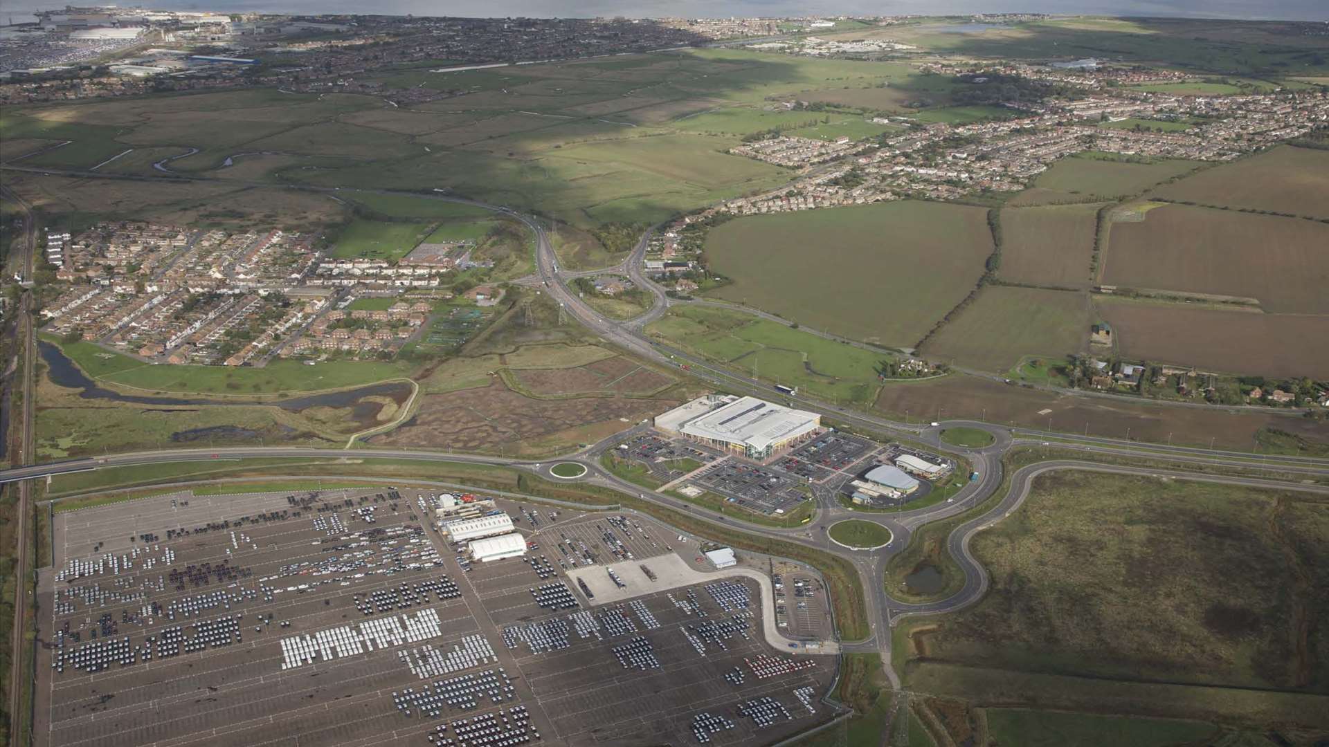 Aerial view of Neats Court in Queenborough