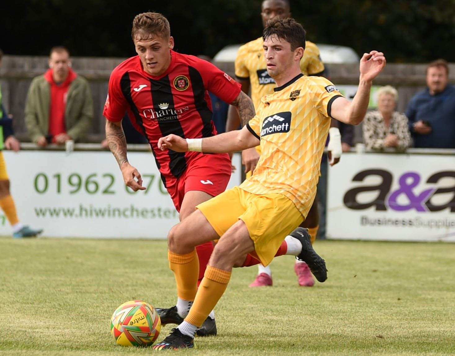 Conor Kelly gets stuck in during Maidstone’s FA Cup Third Qualifying Round victory over Winchester last weekend Picture: Steve Terrell