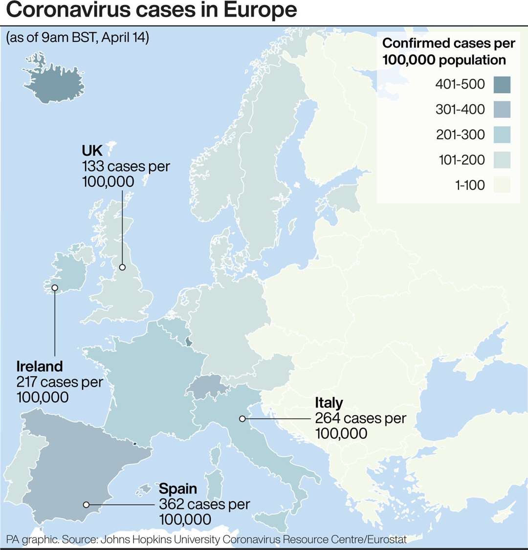 Coronavirus cases in Europe (PA Graphics)