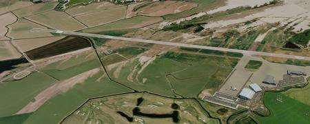 An artist impression shows the runway extension at Lydd Airport, left, and new terminal buildings in light grey, bottom right