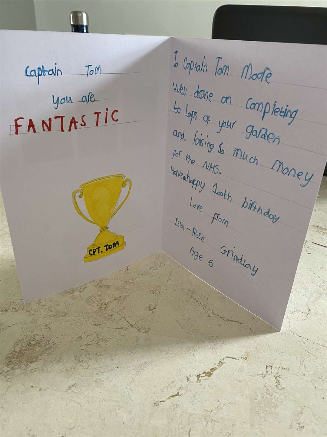 A birthday card to Captain Tom Moore from Isla-Rose Grindlay (Naina Grindlay)