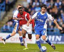 John Nutter brings the ball out of defence for Gillingham. Picture: Barry Goodwin