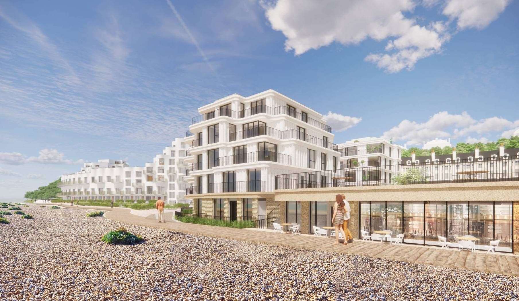 The development would feature shingle gardens and a restaurant with terrace. Picture: Folkestone Harbour & Seafront Development Company