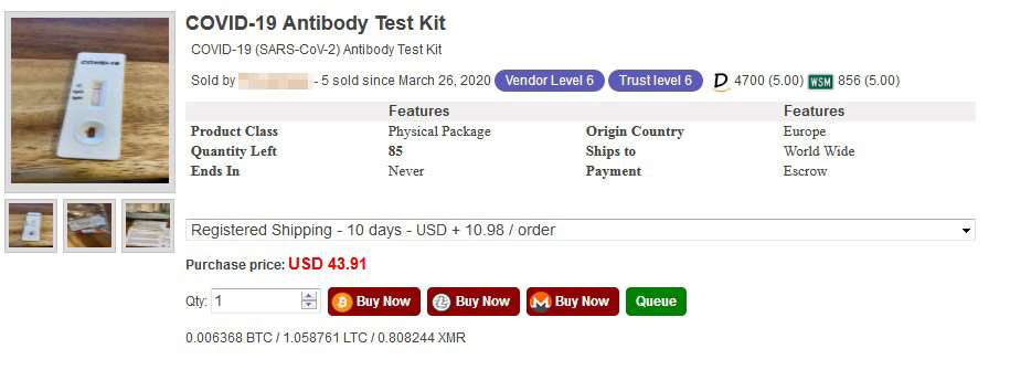 A Covid-19 antibody test kit being offered online (Digital Shadows/PA)