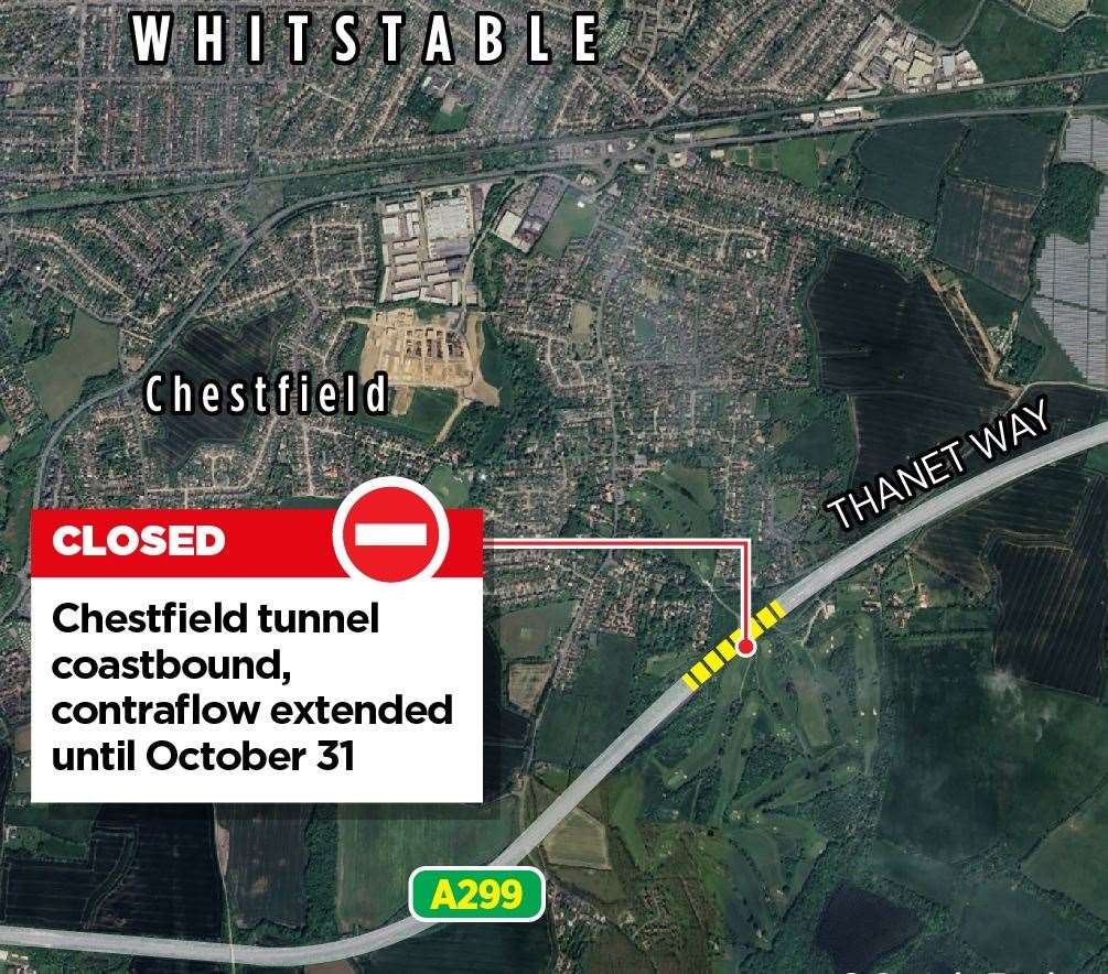 The Chestfield Tunnel on the A299 Thanet Way will now be closed coastbound until October 31