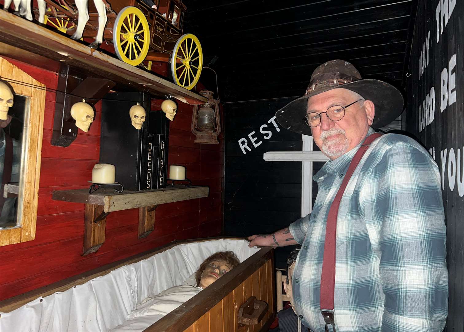 Stephen Smart inside the undertaker’s in his back garden. Picture: Megan Carr