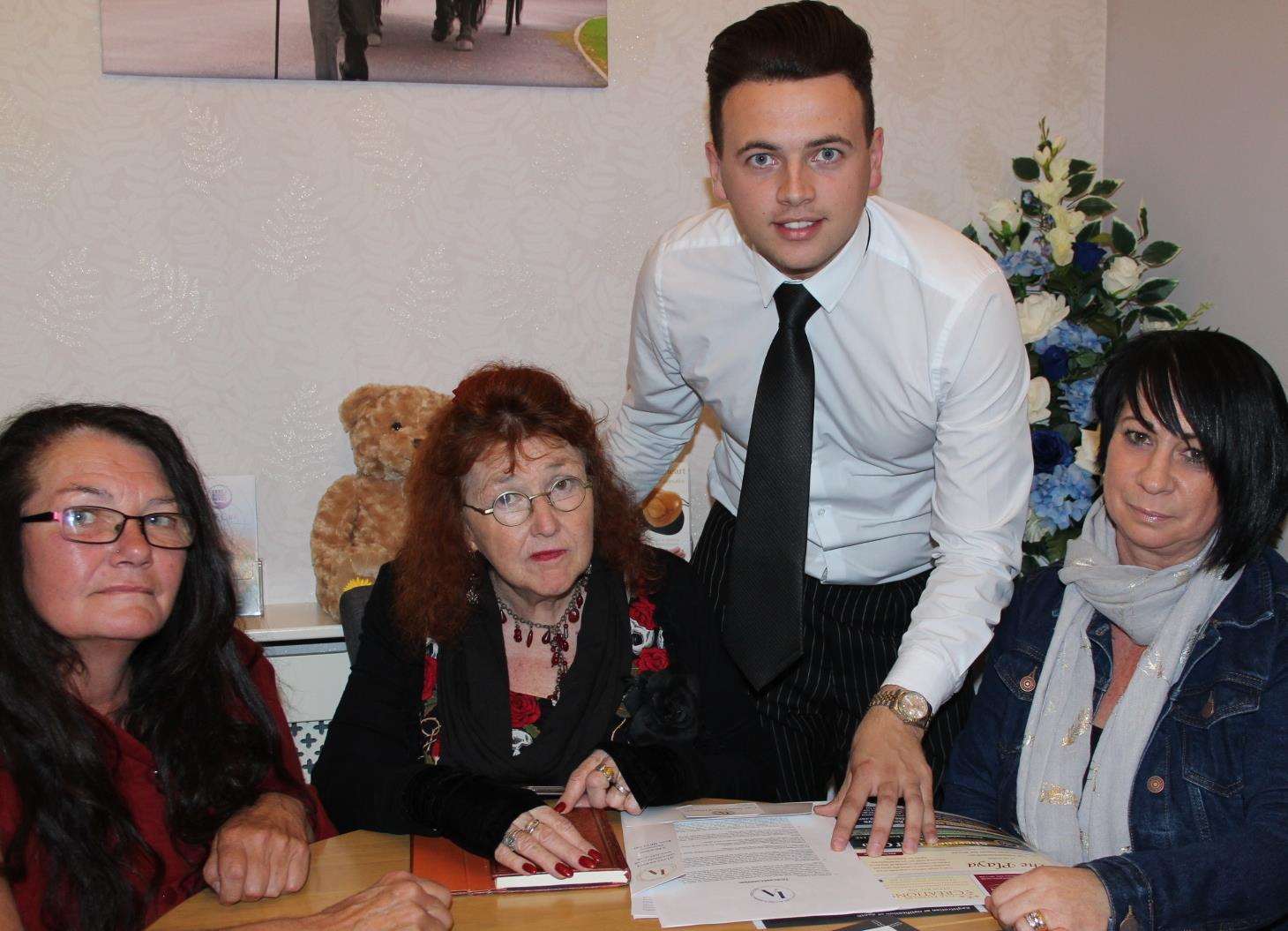 Sheppey funeral director Luke Allum has come to the rescue. He is pictured with, from the left, Anne McManus' friend Vivienne Hudson, neighbour Chris Reed and Tracy Jackson from Seabreeze caravan park