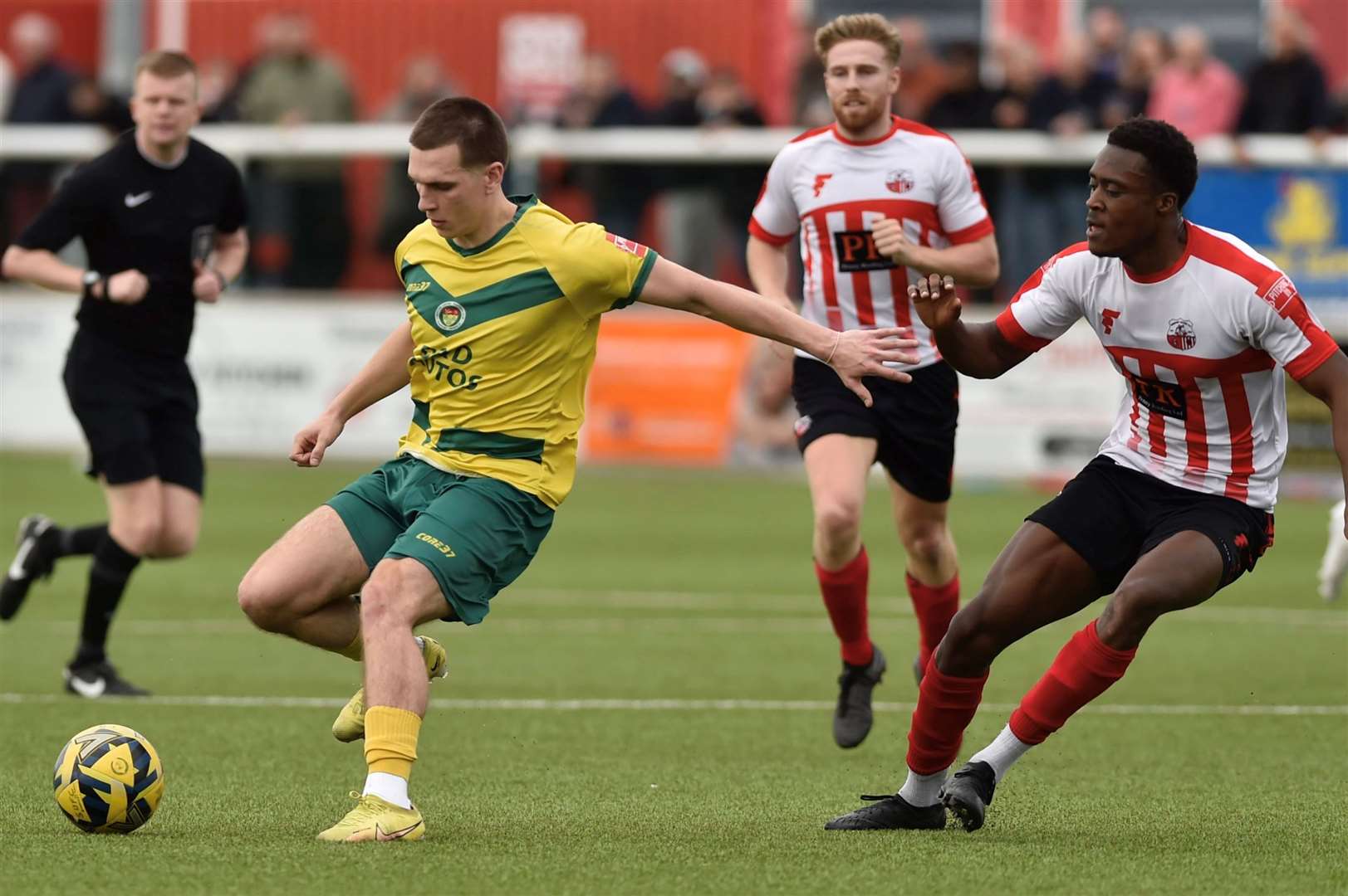 Sheppey United (red) ran out 5-1 winners over Ashford United in Isthmian South East on Saturday. Picture: Ian Scammell