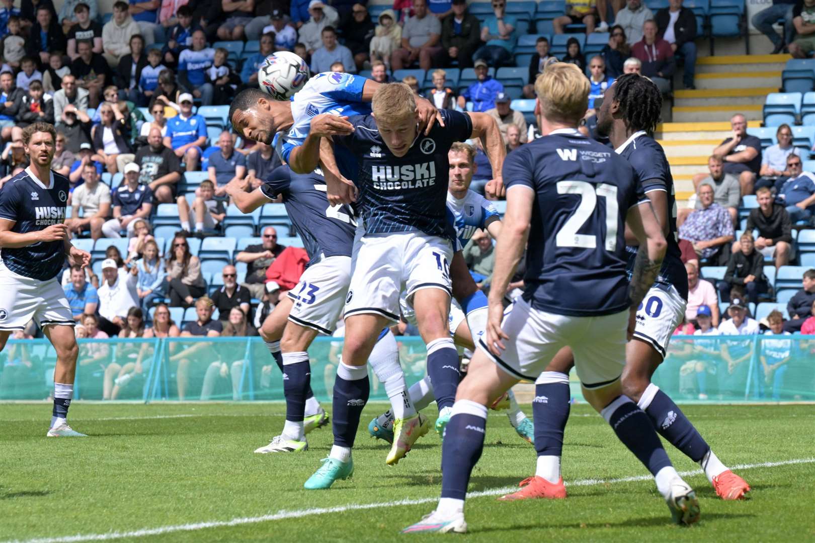 Tim Dieng attacks the ball for Gillingham Picture: Keith Gillard