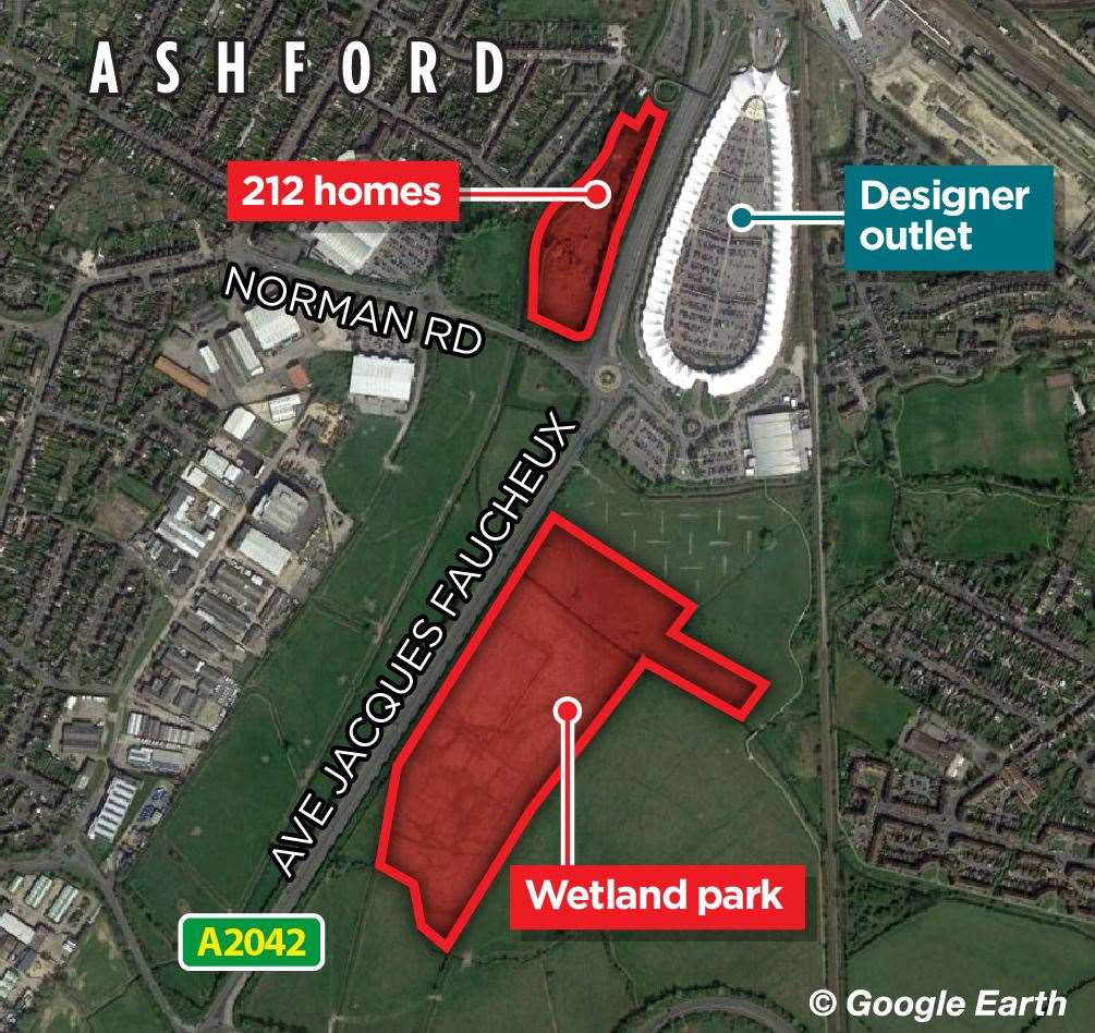 This map shows where East Stour Park was set to go, as well as the wetland park originally proposed by Quinn Estates