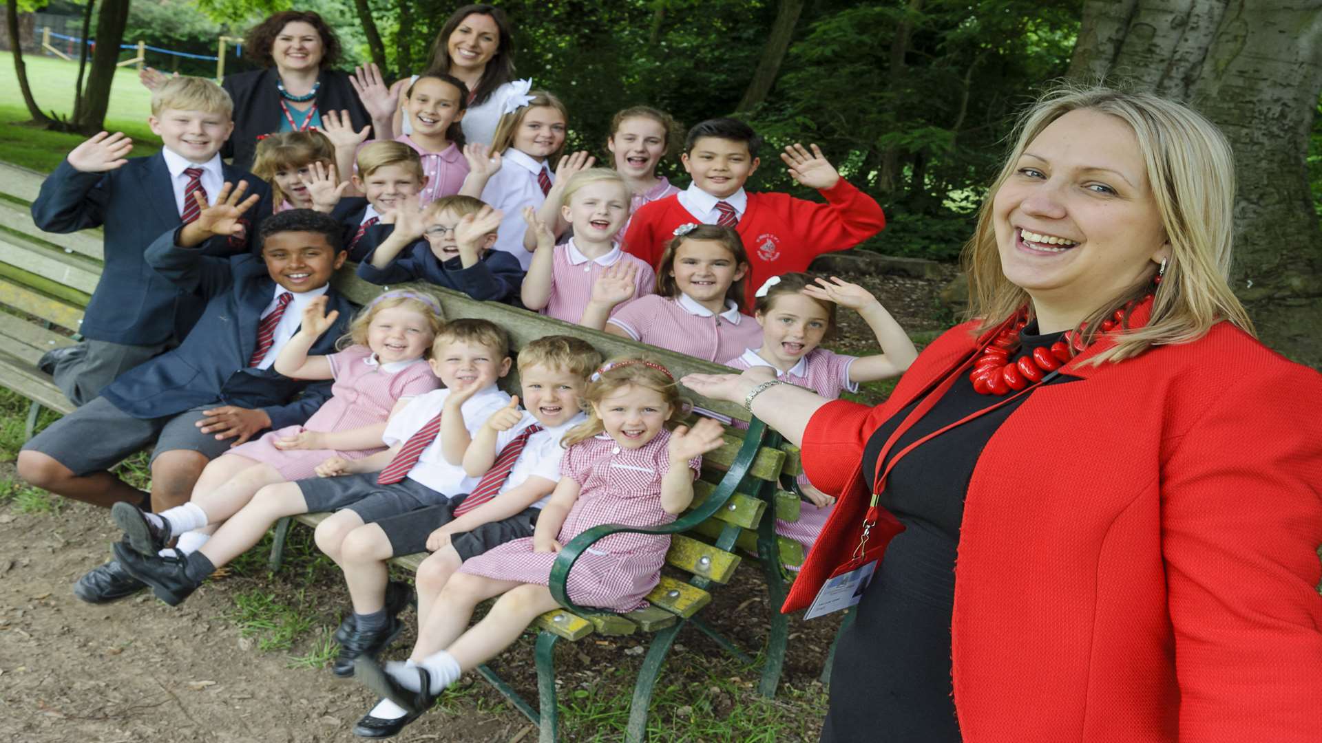 Adults from left Gillian Lovatt-Young, executive head teacher, Rachel Cunningham, assistant head teacher, and Louise Grasby, acting head of school. St Pauls CE Primary School, School Lane, Swanley Village, celebrate a Good report from Ofsted.