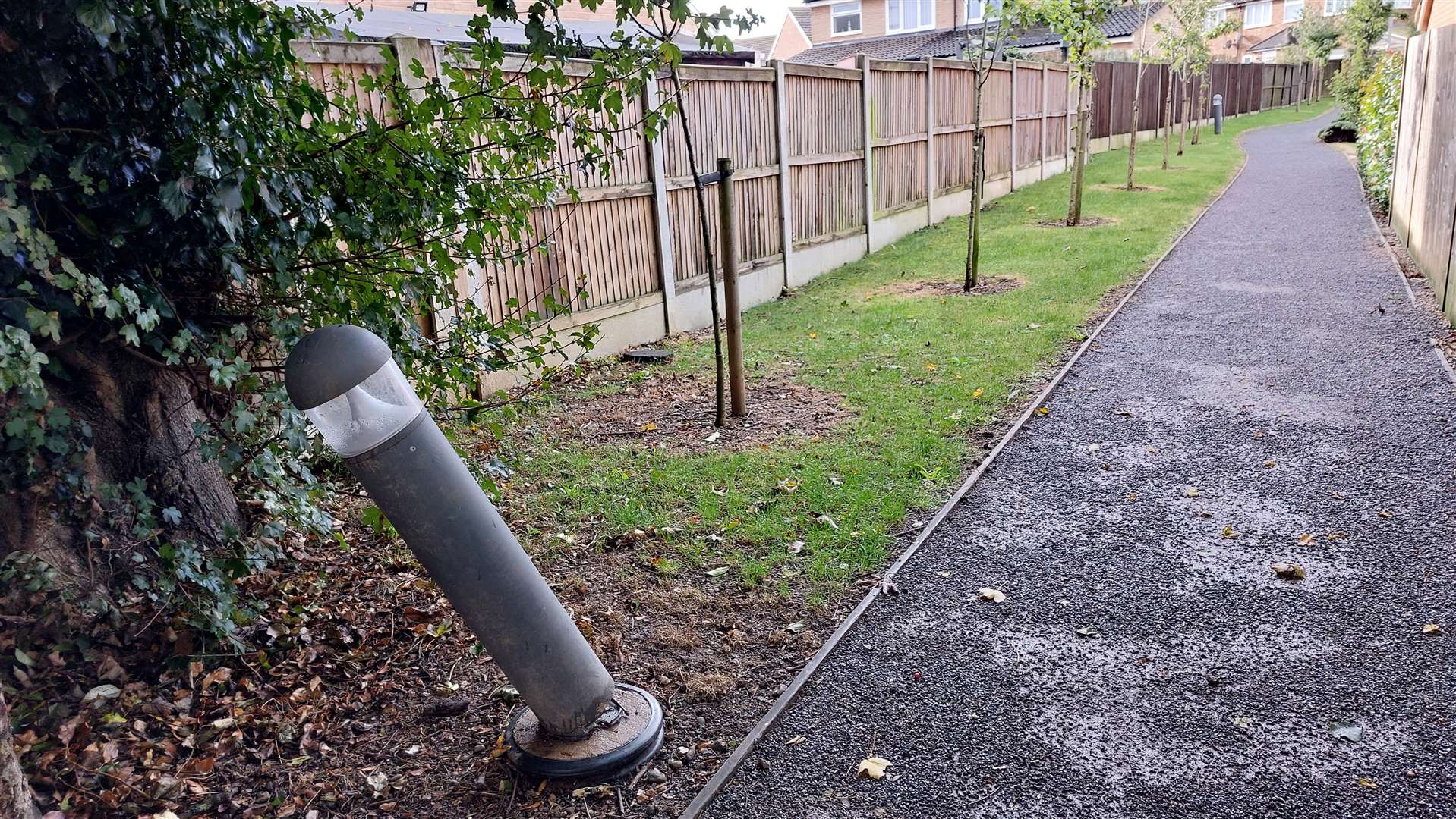 Several of the lights are broken or wonky along the footpath