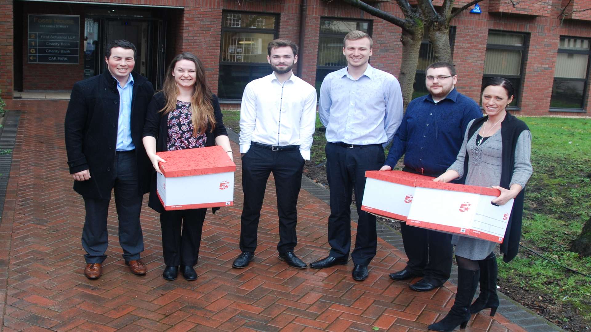 Bank staff outside the new office. Left to right: Nick Couchman, Jess Gibbons, Ben Hale Fergus Farmer, Mark Minchell, Carolynne Bull-Edwards.