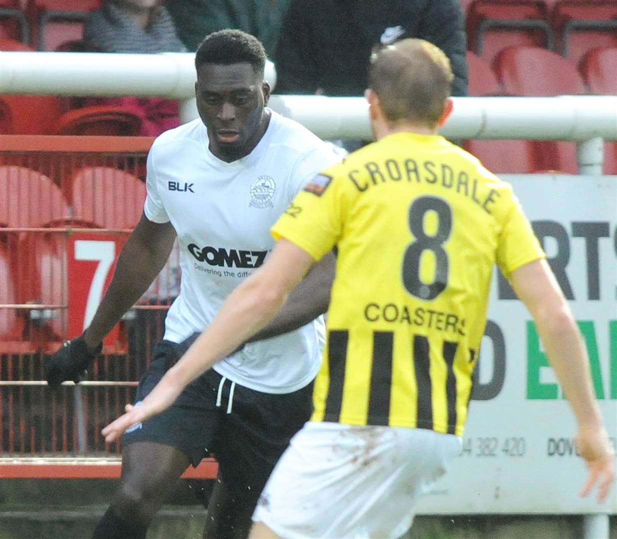 Dover striker Inih Effiong gets after Fylde Picture: Wayne McCabe