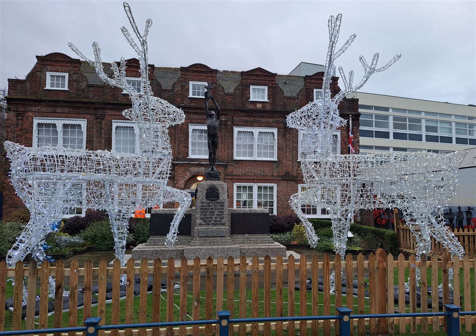 The reindeer figures with the Dover War Memorial statue in the background