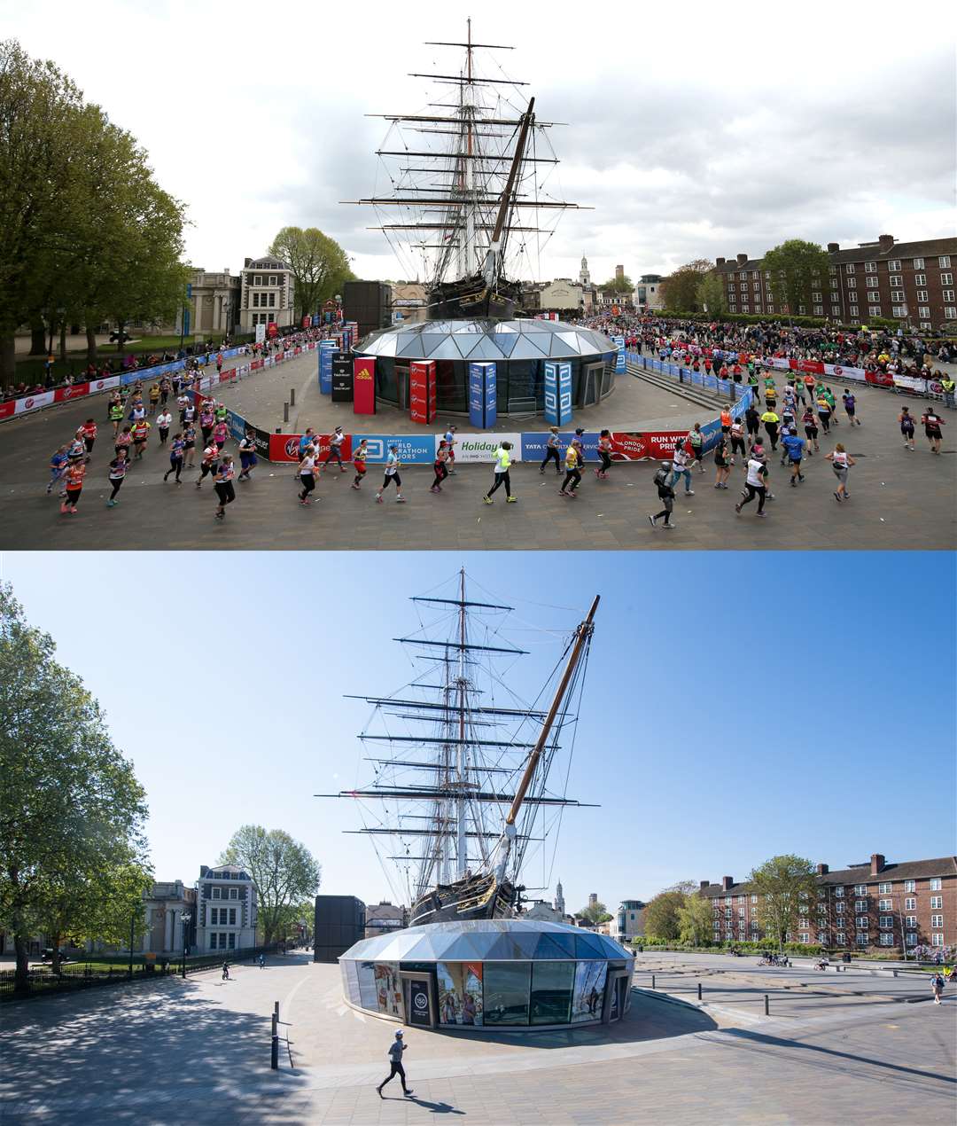 There was a stark contrast with the usual scenes around the Cutty Sark during the marathon (Dominic Lipinski/PA)