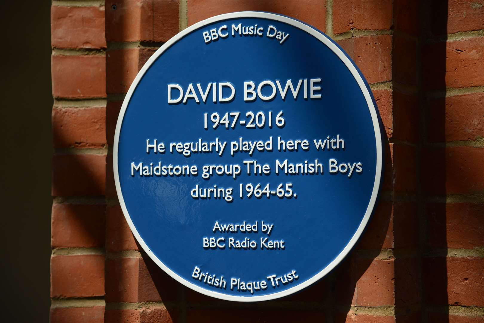 The blue plaque commemorating David Bowie's time playing with the Manish Boys at the Royal Star Hotel in Maidstone