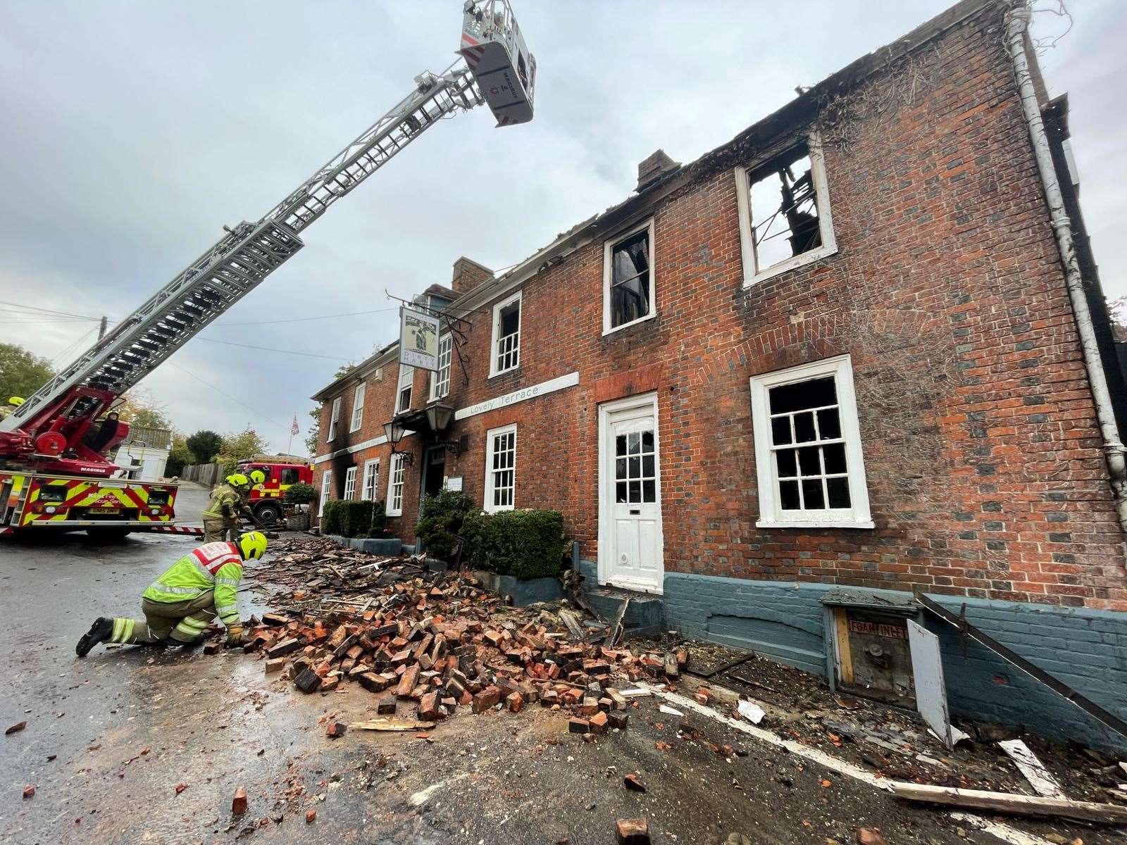 Upper Street in Hollingbourne remains closed after the Dirty Habit went up in flames on Sunday. Picture: Sean McPolin