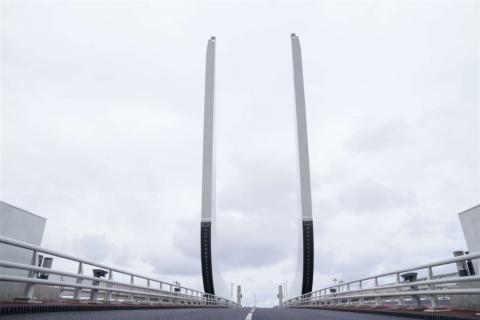 The wings of the Gull Wing Bridge in Lowestoft, Suffolk, the largest rolling bascule bridge in the world, lifted using hydraulic cylinders (Joe Giddens/PA)