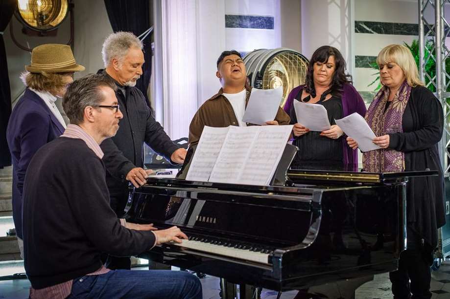 Cerys Matthews, Tom Jones, Joseph Apostol and Diva rehearsing for the battle rounds on BBC1's The Voice