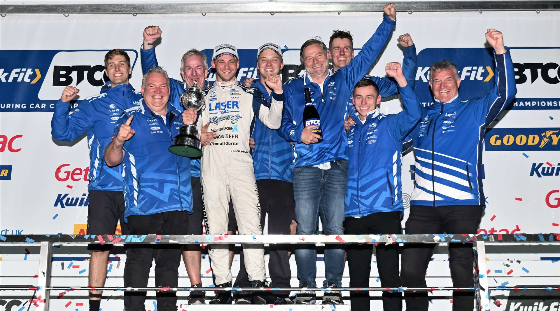 Hill celebrates with the MB Motorsport team; the 30-year-old plans to return to defend his crown in 2025. Picture: Simon Hildrew