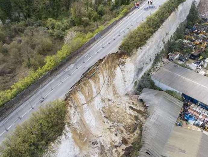 The A226 Galley Hill Road in Swanscombe has been shut since April following a major landslip. Photo: High Profile Aerial