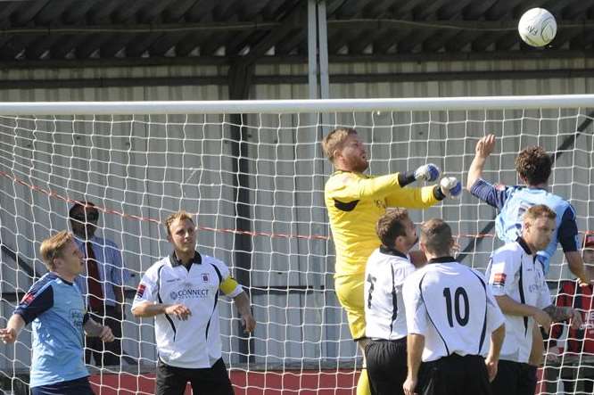 Goalmouth action as Faversham take on Sittingbourne in Ryman League, Division 1 South. Picture: Barry Duffield