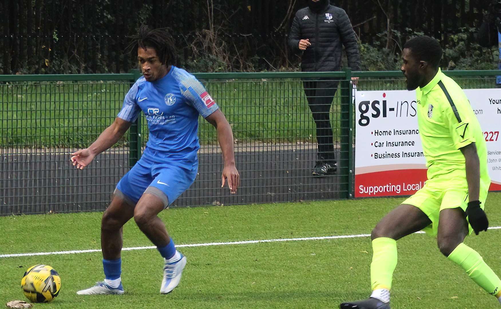 Kymani Thomas of Herne Bay on his way towards goal in their 1-1 draw with Wingate & Finchley on Saturday. Picture: Keith Davy