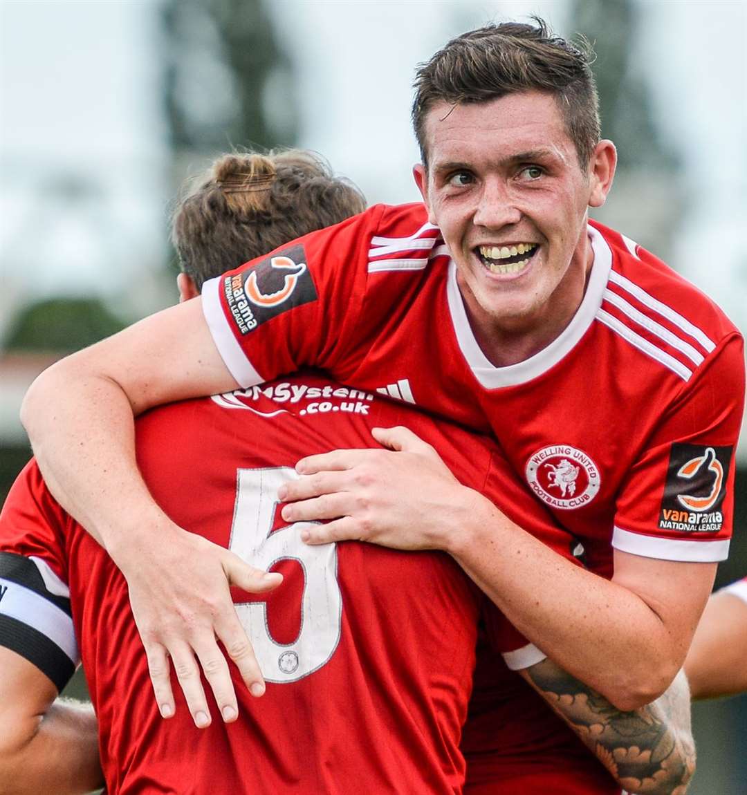 Connor Dymond celebrates his goal against Oxford City with Rob Swaine. Picture: Dave Budden (15412289)