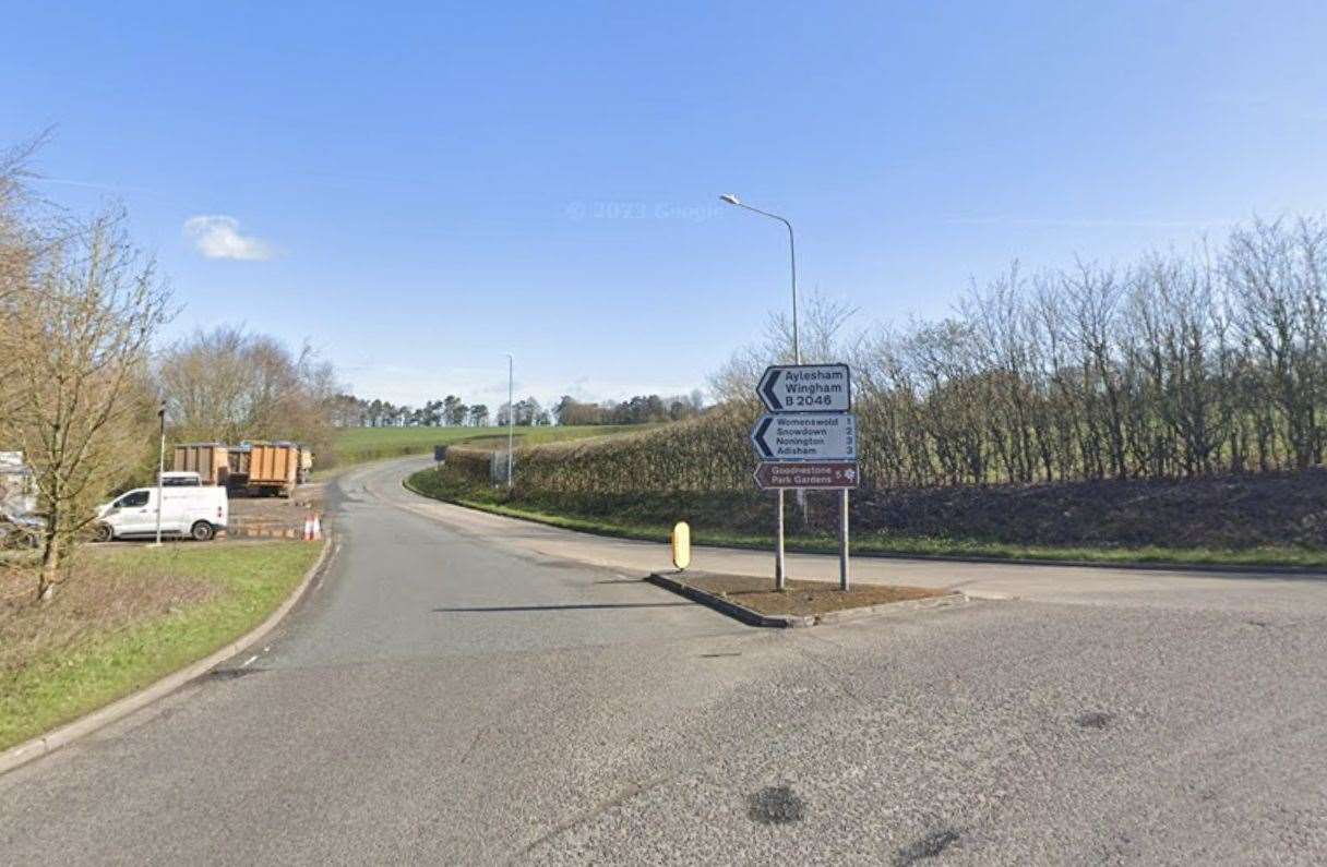 The B2046 in Aylesham is blocked after a lorry carrying a digger ended up on its side. Picture: Google