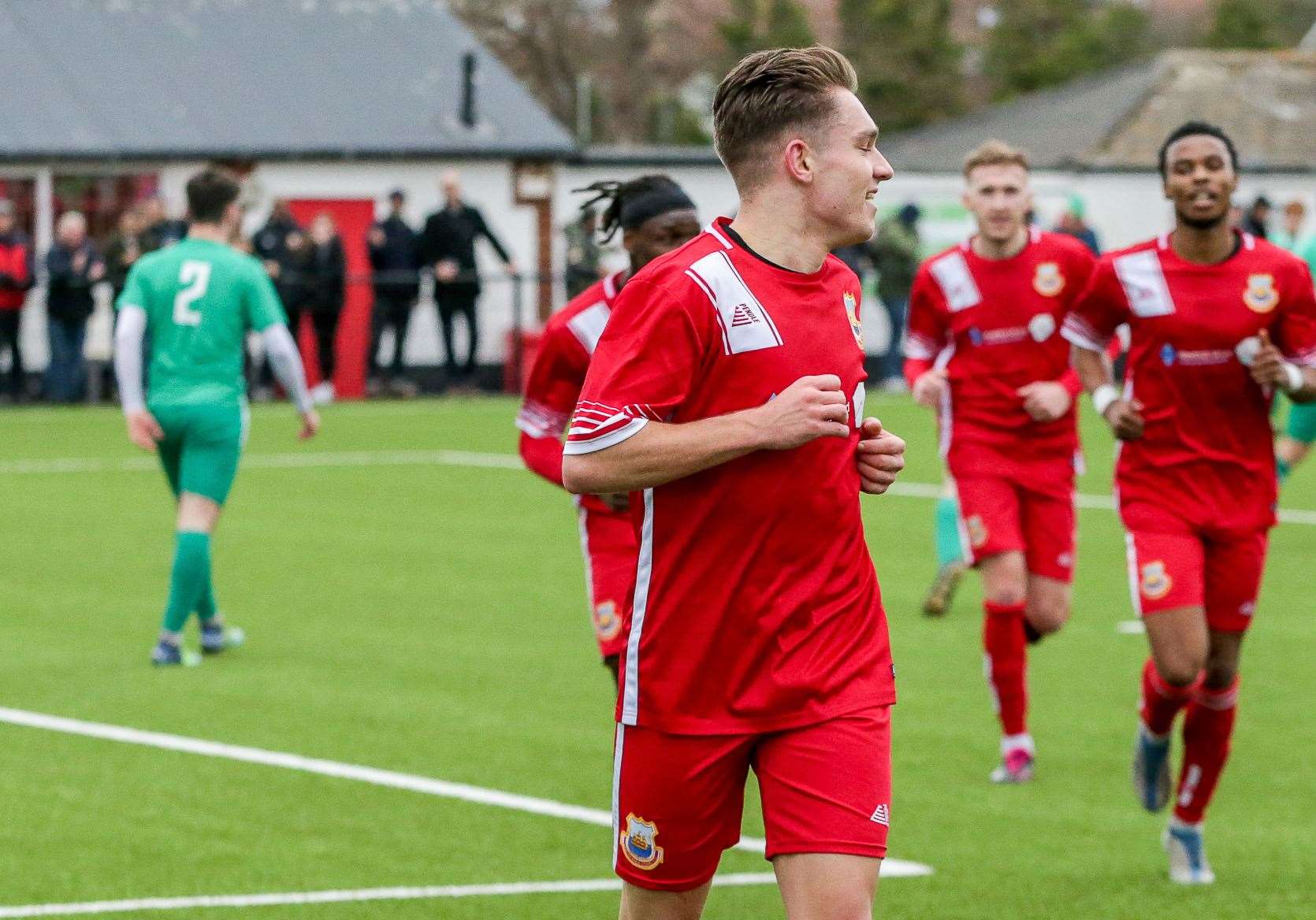 Josh Oliver celebrates putting Whitstable two goals to the good. Picture: Les Biggs