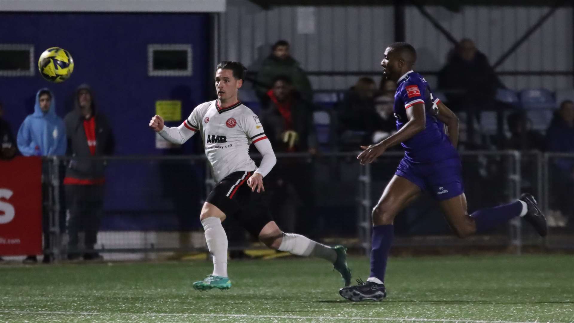 Chatham's Ben Allen is up against Tyrone Sterling in Margate’s 2-0 derby win last Tuesday. Picture: Max English @max_ePhotos