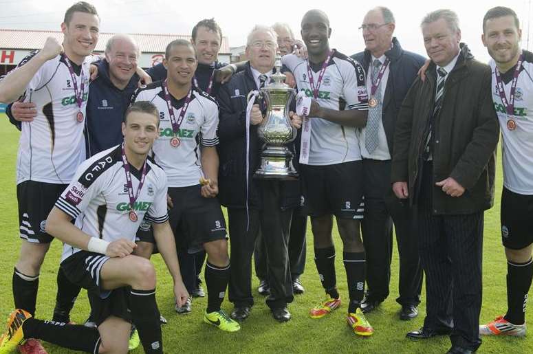 Dover assistant manager Jake Leberl (fifth from left) enjoys the celebrations after beating Ebbsfleet 1-0 in the play-off final. Picture: Andy Payton FM3178333